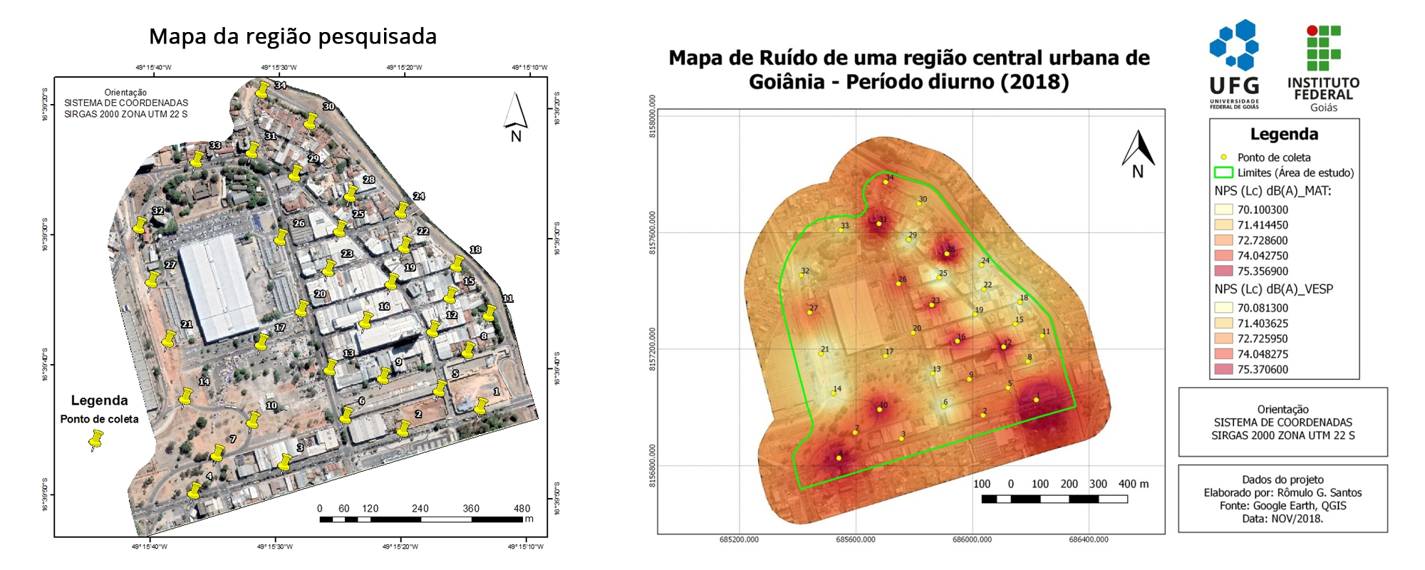 Mapa de ruídos mostra os 34 pontos do Centro de Goiânia analisados na pesquisado e os níveis de pressão sonora registrados.