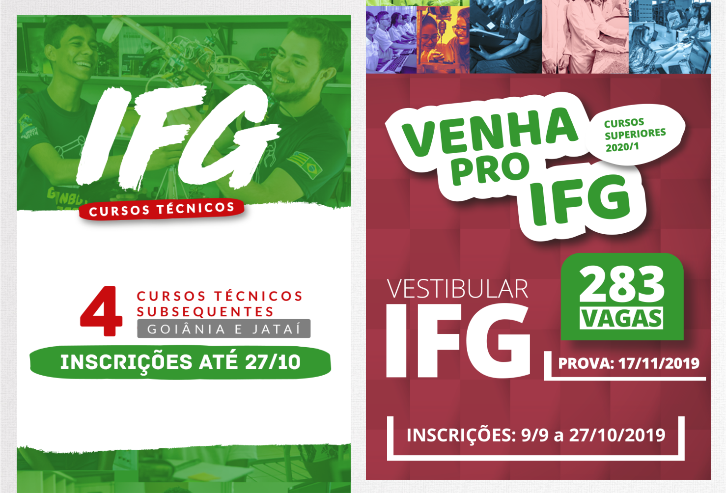 O prazo de inscrição nos processos seletivos ( Vestibular IFG 2020/1 e Técnico Subsequente 2020/1) se encerra neste domingo, 27 de outubro