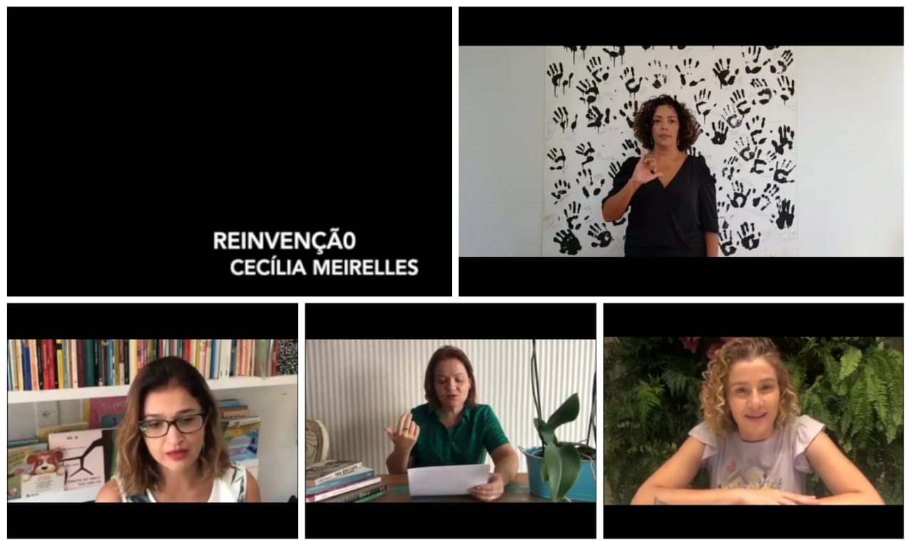 Na montagem, acima está a professora Soraya Bianca que produziu a versão em Libras do vídeo-literário. Abaixo, estão as docentes Limerce Ferreira, Micheline Lage e James Deam que recitaram o poema "Reinvenção", de Cecílica Meireles. O vídeo foi editado pela professora Deusa Castro (fotos: reprodução). Na montagem, acima está a professora Soraya Bianca que produziu a versão em Libras do vídeo-literário. Abaixo, estão as docentes Limerce Ferreira, Micheline Lages e James Deam que recitaram o poema "Reinvenção", de Cecílica Meireles. O vídeo foi editado pela professora Deusa Castro. (fotos: reprodução).