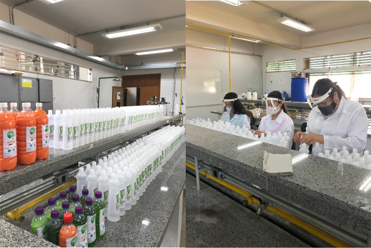 (À esq.) Estoque de saneantes produzidos na última semana e (à dir.) estudantes participando da produção no laboratório