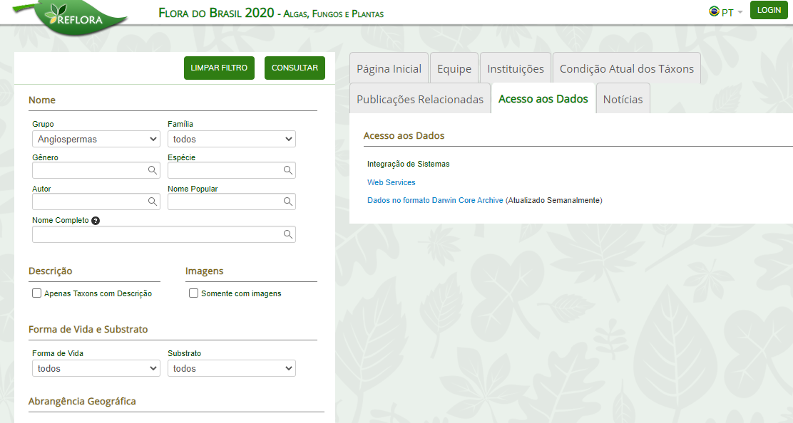 Página inicial do site Reflora, do Projeto Flora do Brasil 2020