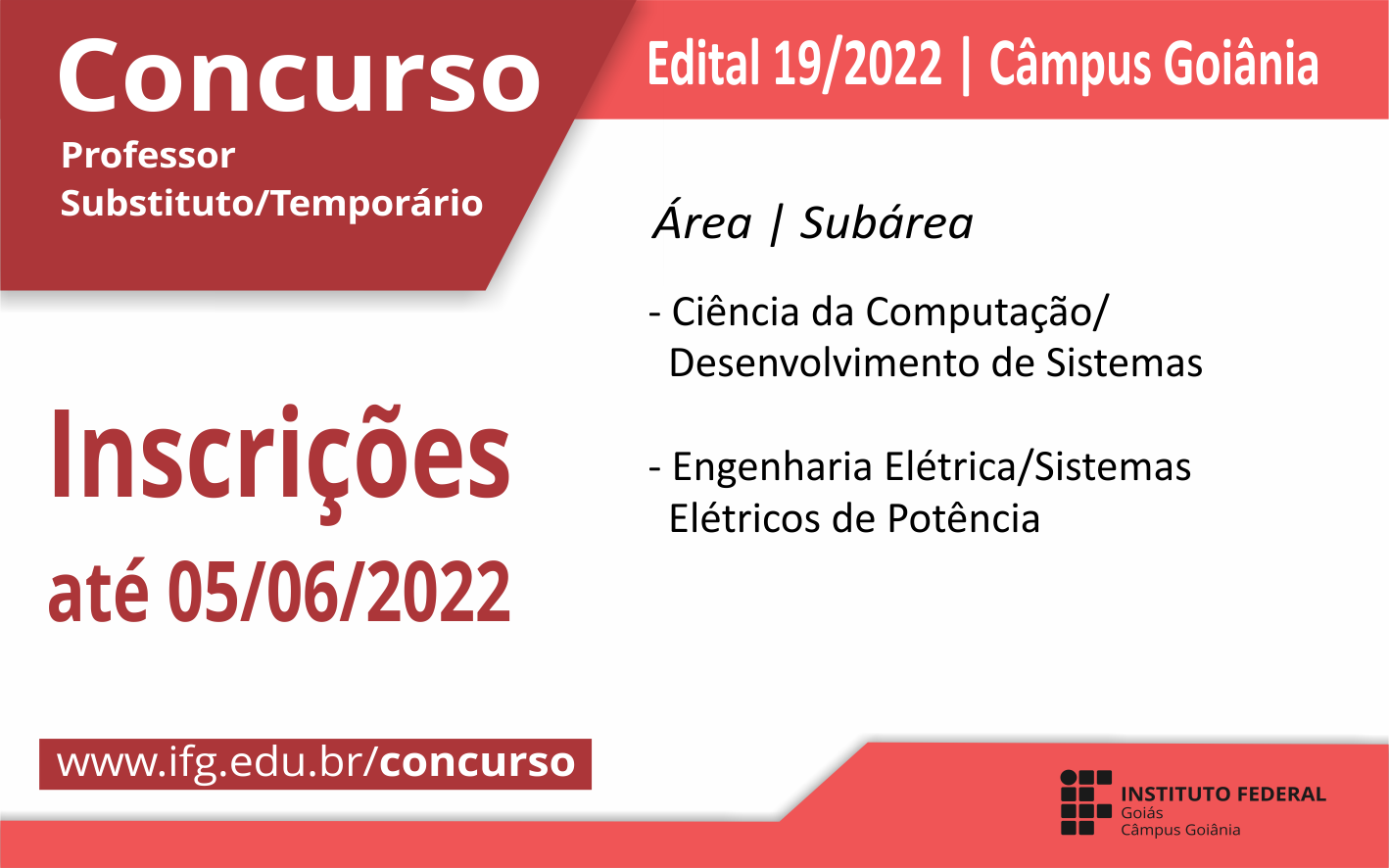 Inscrições serão realizadas até dia 5 exclusivamente pela página de concursos do IFG