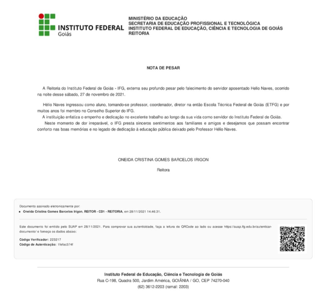 Nota de Pesar - Hélio Naves Nota de Pesar - Hélio Naves